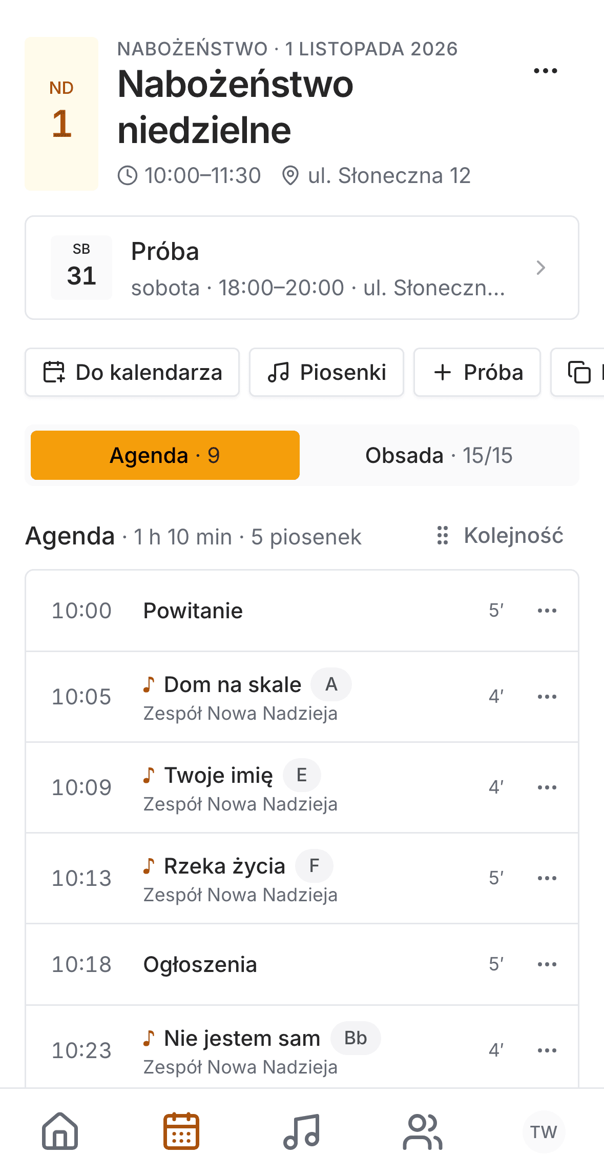 Agenda nabożeństwa niedzielnego z godzinami, pieśniami i tonacjami