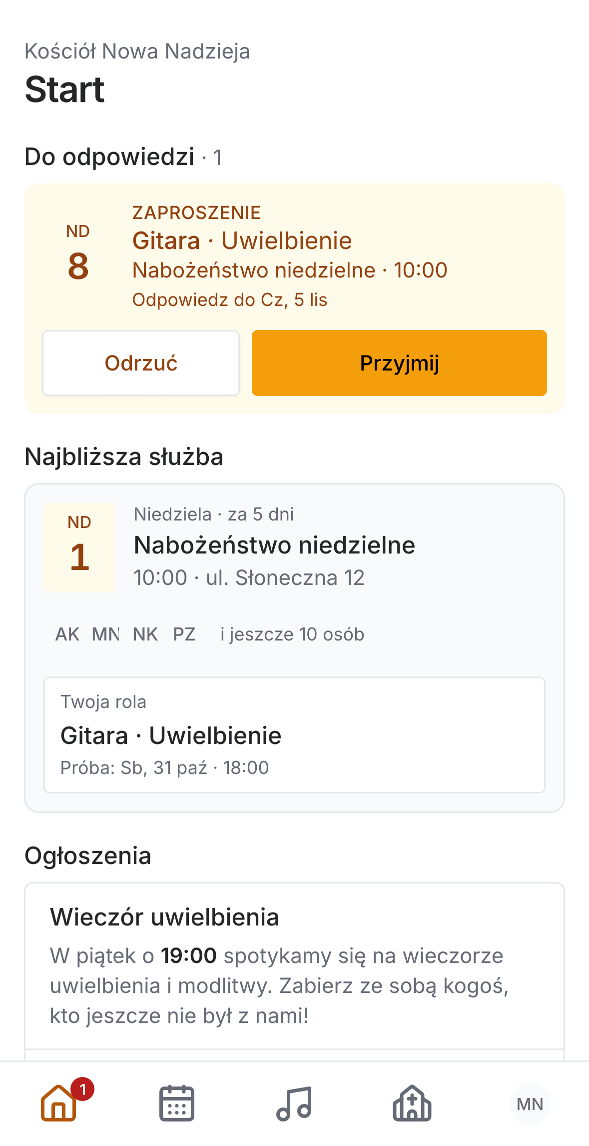 A new invitation notification over the Home screen with an invitation to serve